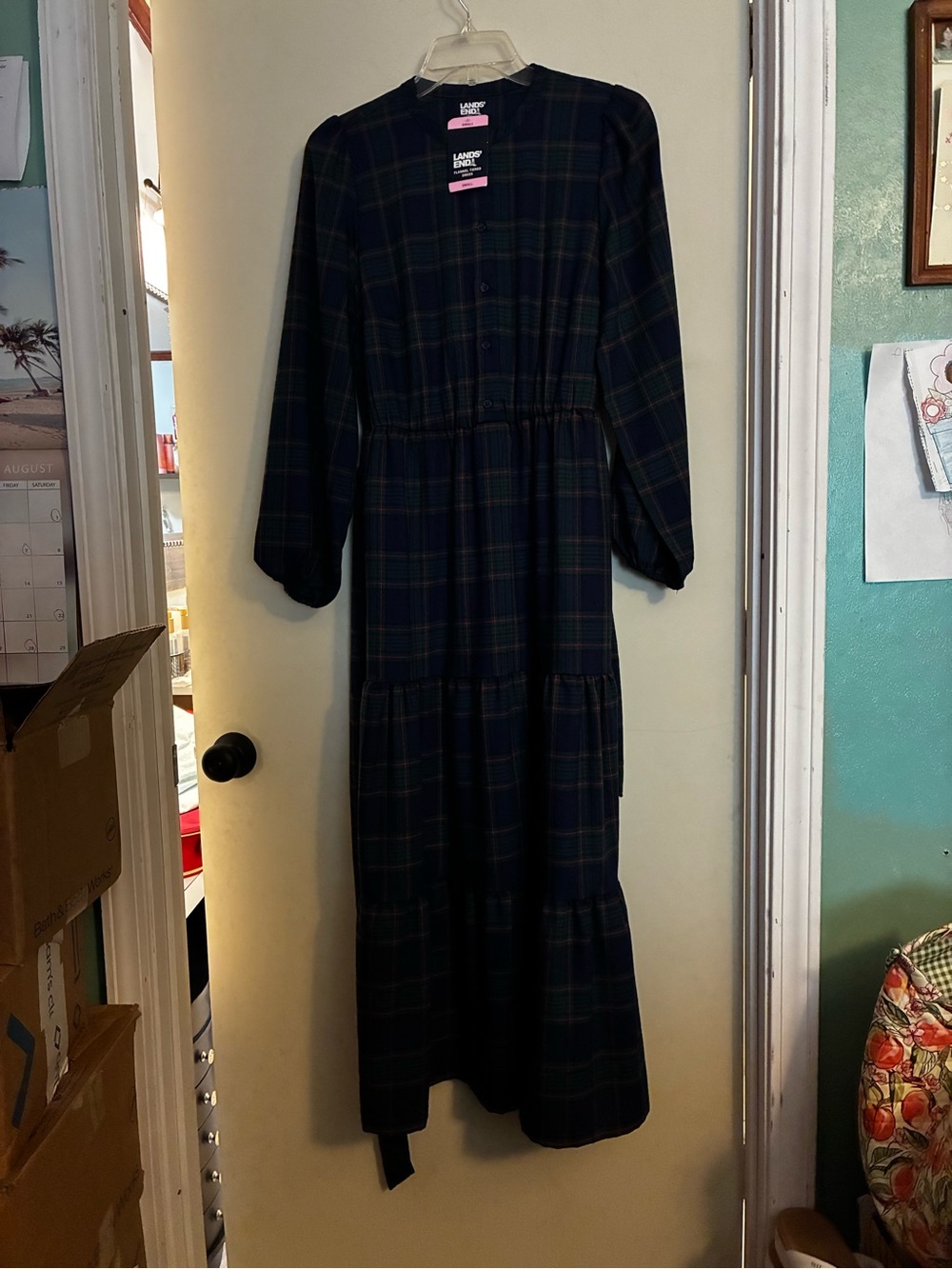 Lands' End Navy and Green Plaid Long-Sleeve Tiered Maxi Dress